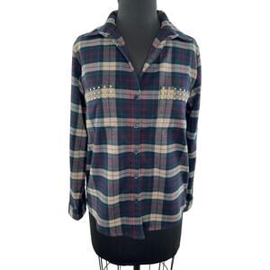 Lovers + Friends Blue Plaid Long Sleeve Button-Down Embellished Shirt Size XS